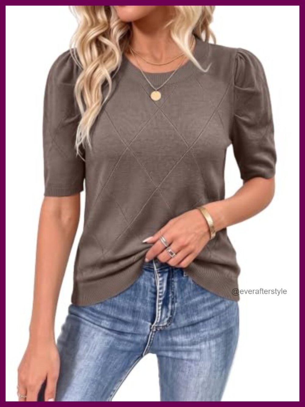 Women's Short Puff Sleeve Crewneck Pullover Sweater Knit Top